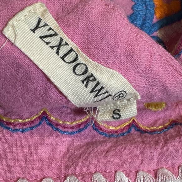 Mexican Dress Tunic Small Embroidered Pink Colorful Puff Sleeve Artsy Boho - Picture 7 of 7